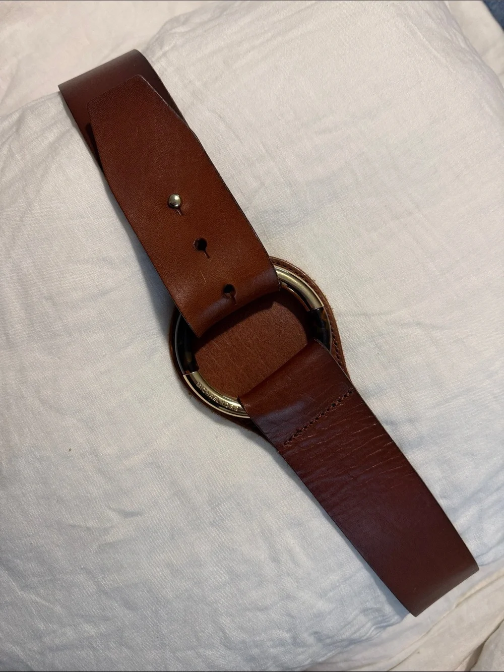 Michael Kors Brown Leather Belt with Gold and Tortoise Ring Buckle